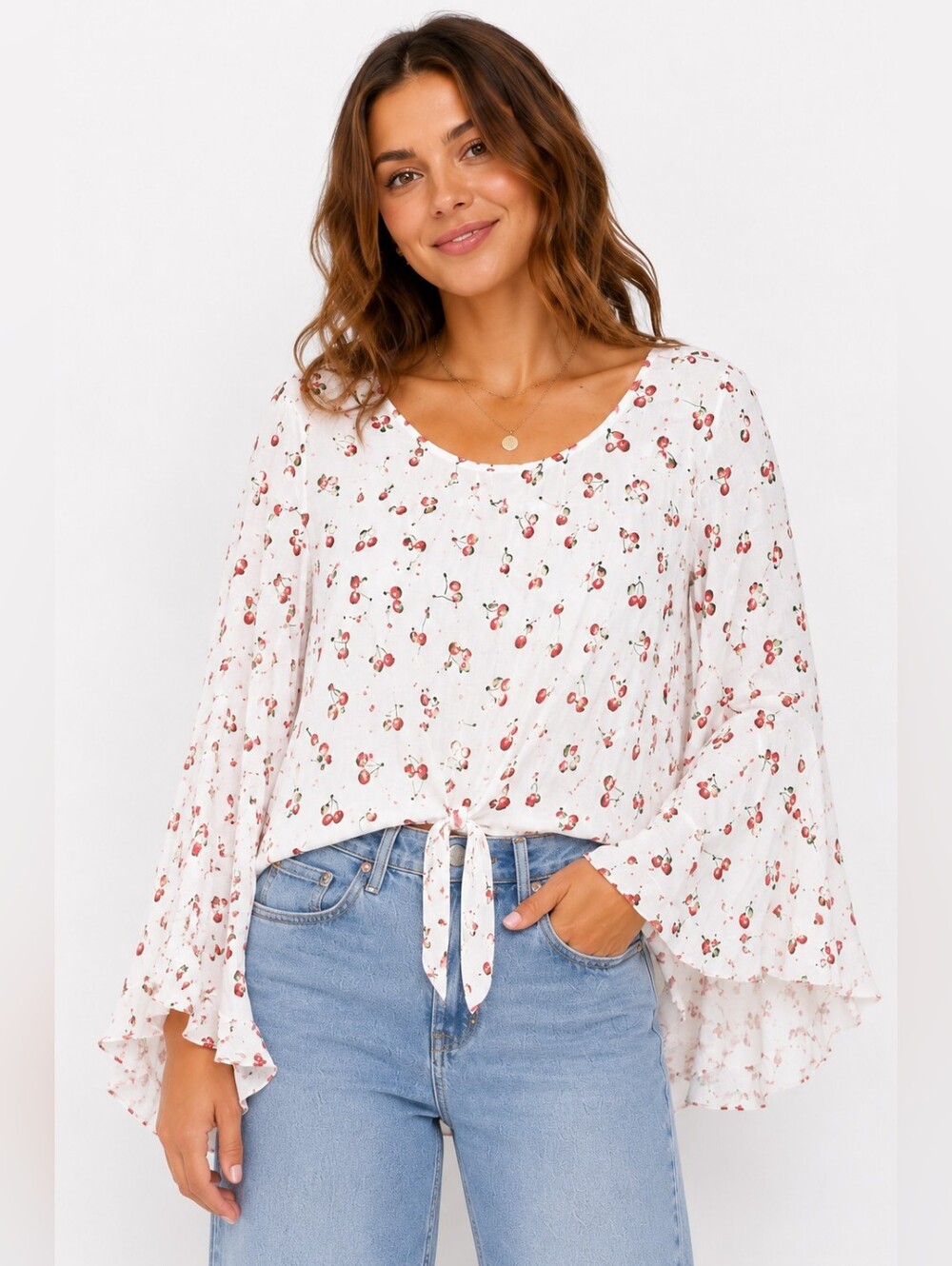 Altar'd State Cherry Print Bell Sleeve Tie Front Crop Top Medium